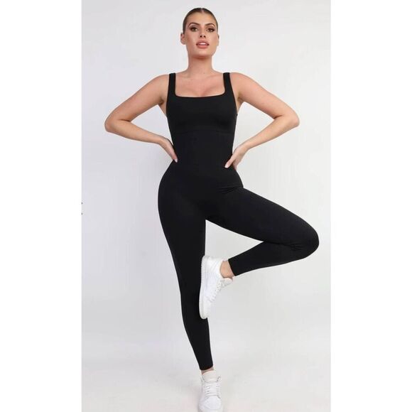 Popilush Black Shapewear Square Neck Thigh Slimming Workout Jumpsuit, NWOT, XL - Picture 6 of 12